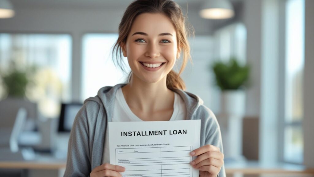 A happy woman with her no credit check installment loan.