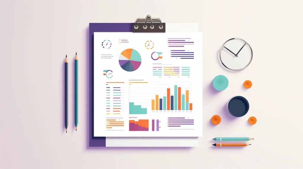Business loan application 10-step checklist with charts and graphs on a clipboard next to pencils and a clock.