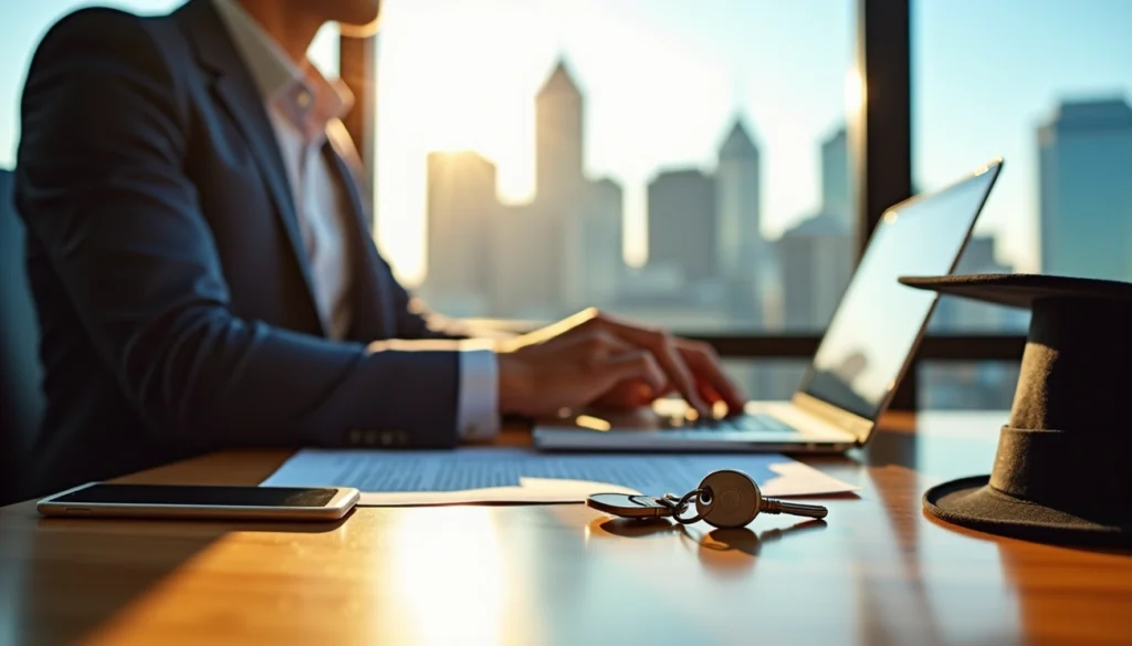 Person working on laptop with keys, phone, and graduation cap on table in a sunlit office with city skyline background