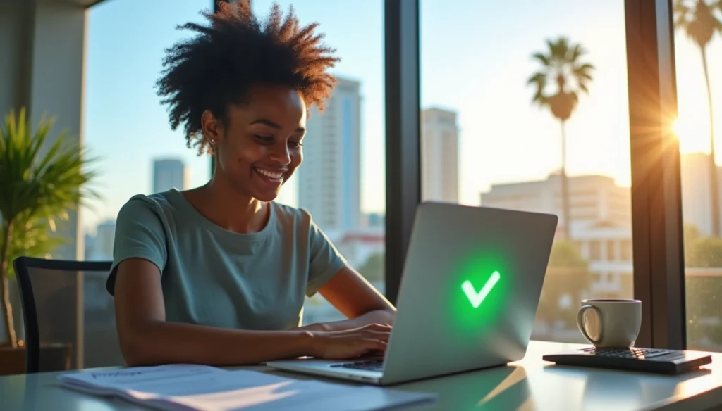 Person working on a laptop with a green checkmark on screen, cityscape and palm trees visible through window at sunset.
